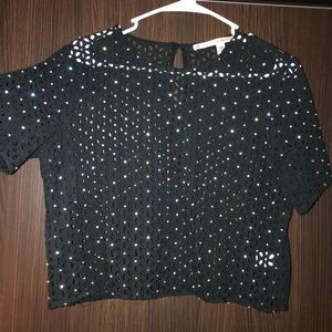 Black lace with crystals, see-through crop top